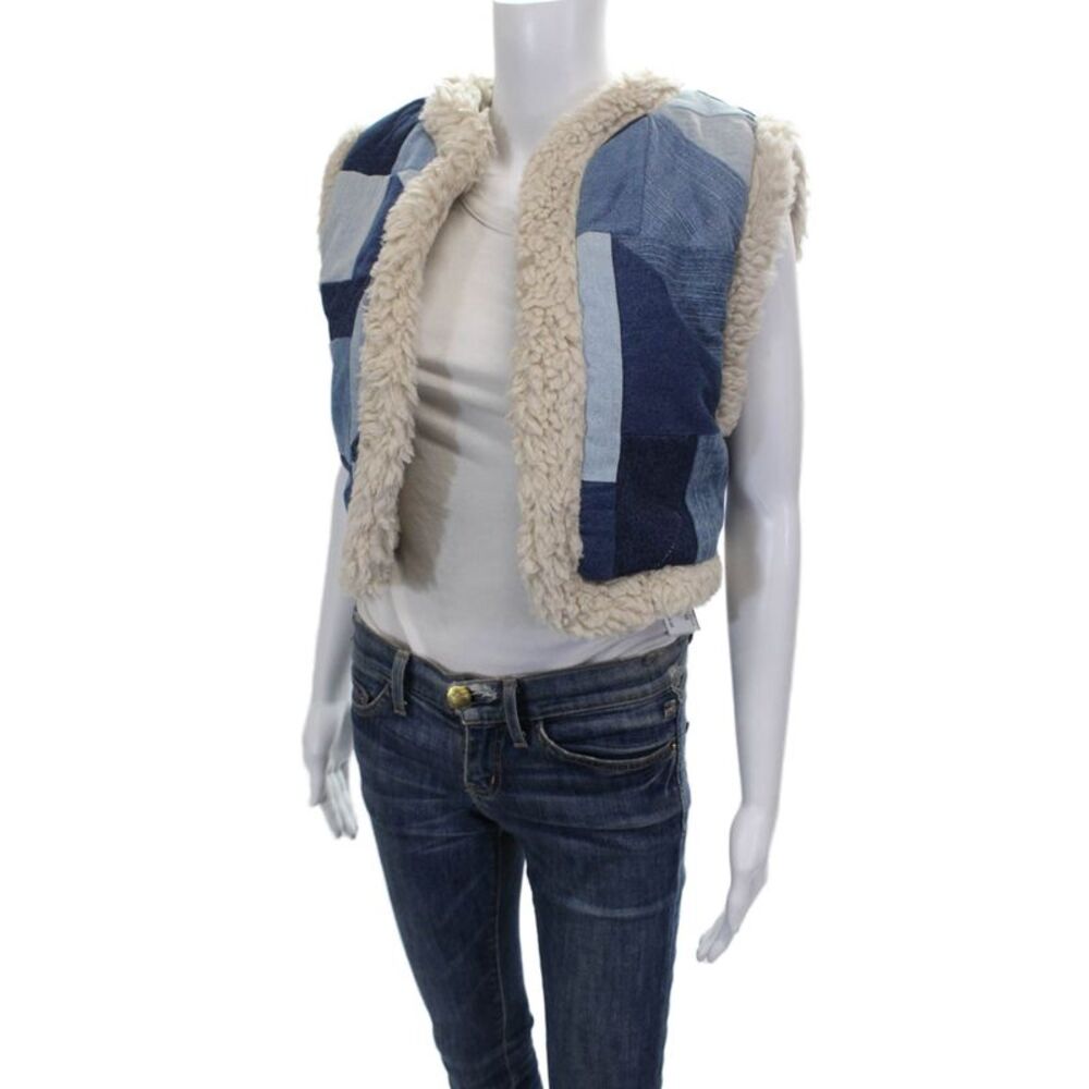 Sea Women Denim Blue Geometric V-Neck Sleeveless Vest Fall Size 2XS - Picture 3 of 5